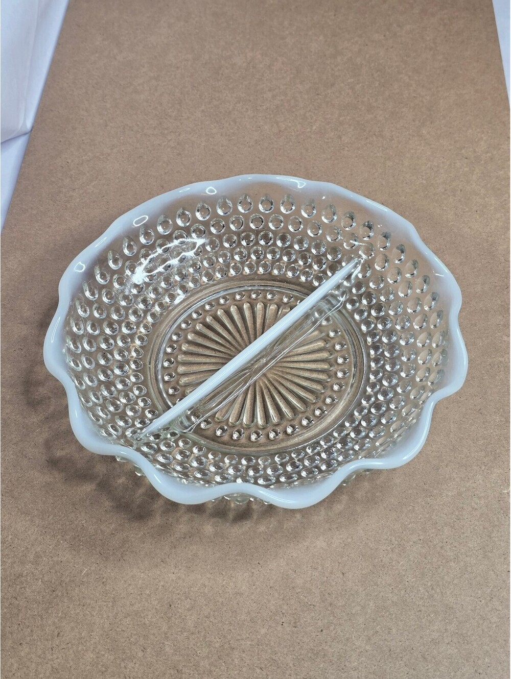 Vintage Anchor Hocking Moonstone Hobnail 7.5" Divided Relish Dish Opalescent Rim